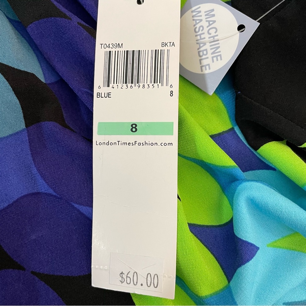 London Times Geometric Leaf Print Dress Size 8 NWT Blue Green Mini Shift 60s Mod - Picture 4 of 5